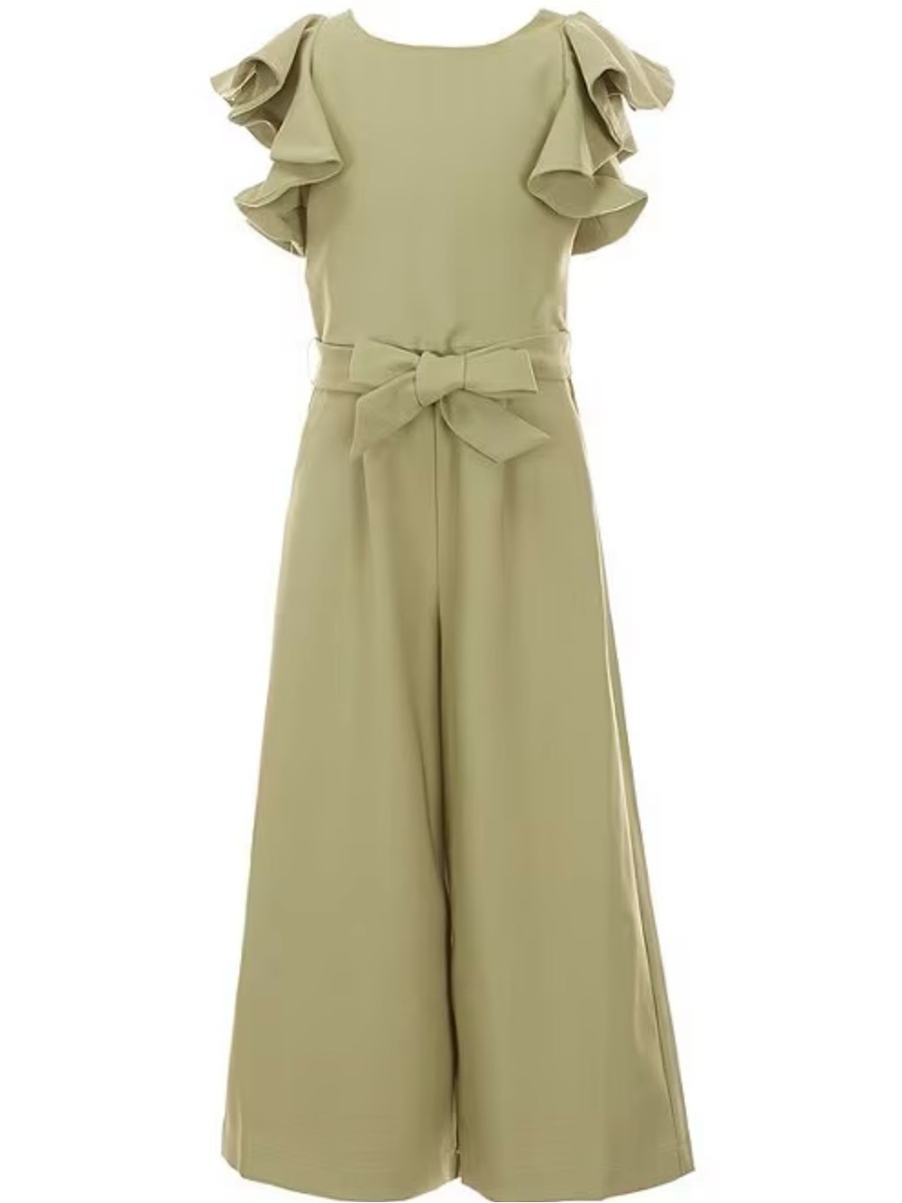 Girls Green Ruffle-Sleeve Jumpsuit with Waist Bow